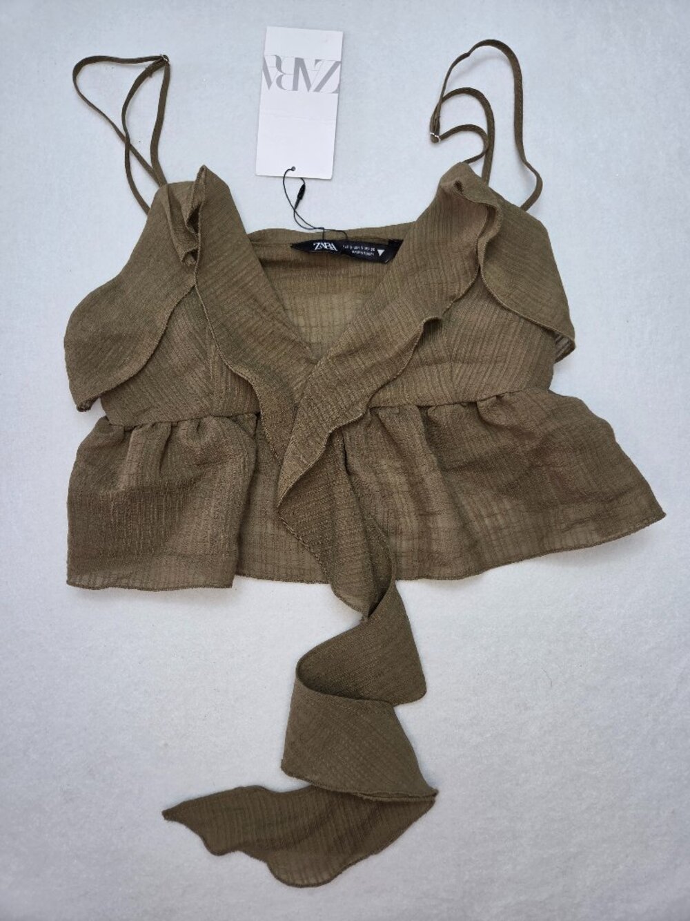 Zara Women's Olive Green Ruffle Peplum Tie Front Crop Top Size Small NWT